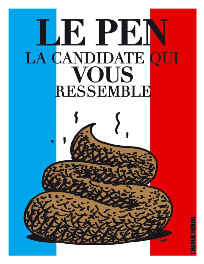 La líder del Frente Nacional francés, Marine Le Pen, también ha sido objeto de la sátira de 'Charlie Hebdo'. En noviembre de 2013 la dirigente política calificó al semanario de "inútil e innoble", después de que le dedicara una portada y el cartel electoral que se ve en la imagen.