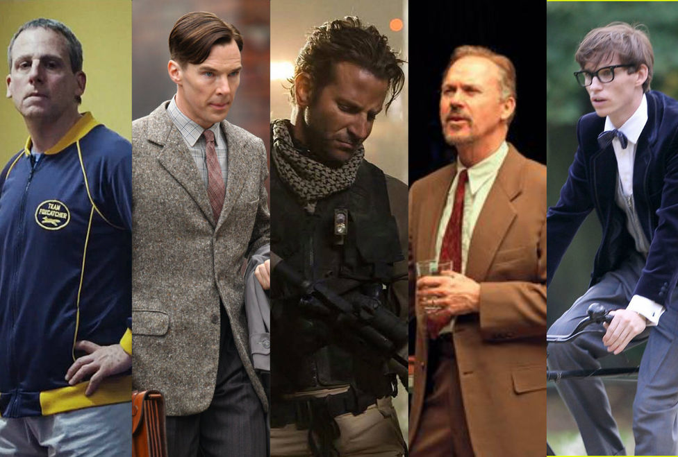 MEJOR ACTOR: Steve Carrell (Foxcatcher), Benedict Cumberbatch (The Imitation Game), Bradley Cooper (American Sniper), Michael Keaton (Birdman), Eddie Redmayne (The Theory of Everything).