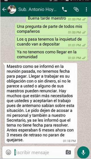 Captura de pantalla de la conversación de un maestro de Telebachillerato con un funcionario de educación por el asunto de los sueldos no pagados. Como respuesta, recibe amenazas.
