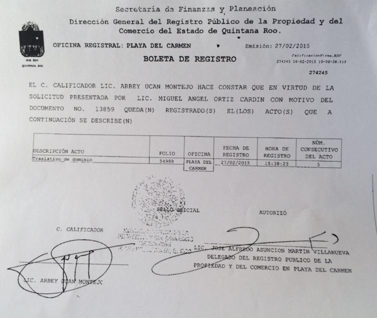 Documento que prueba la inscripción de la escritura del terreno a favor del diario Por Esto! en el Registro Público de la Propiedad en febrero del 2015.
