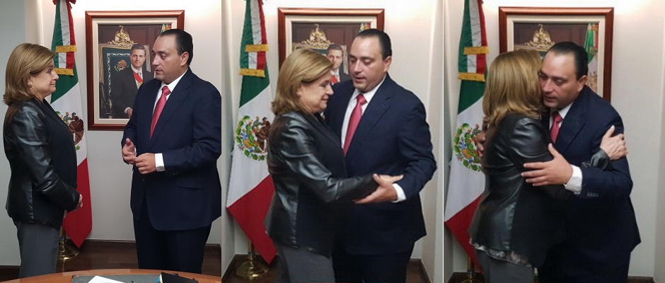 El gobernador Borge abraza a la procuradora Arely Gómez, en una secuencia de fotos distribuida por la Unidad del Vocero del Gobierno de Quintana Roo.