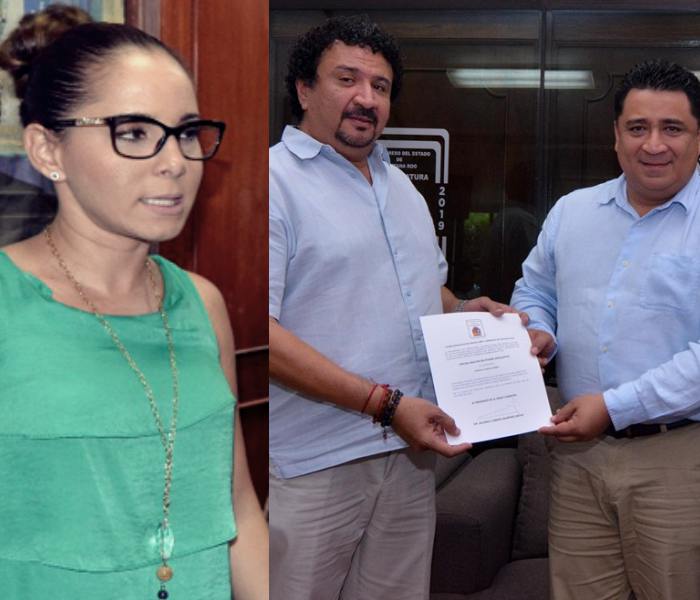 A la izquierda, Melisa Verduzco. A la derecha, Gustavo García Utrera recibe el cargo de Oficial Mayor de parte de Eduardo Martínez Arcila.