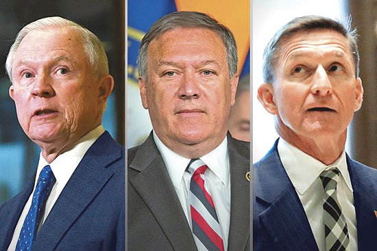 Jeff Sessions, Mike Pompeo y Michael Flynn.