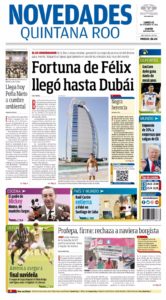 La portada del periódico Novedades de Quintana Roo de este lunes.