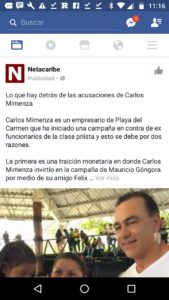 Mensaje contra el empresario Carlos Mimenza patrocinado en Facebook que se publica desde una cuenta falsa que usa el logo de Noticaribe.