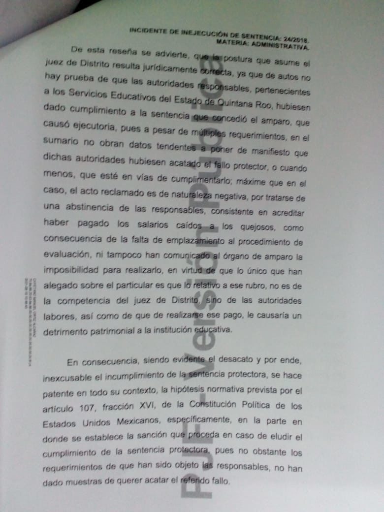 documento del Tribunal Colegiado, y que ya está en vías de cumplimiento la ejecutoria judicial