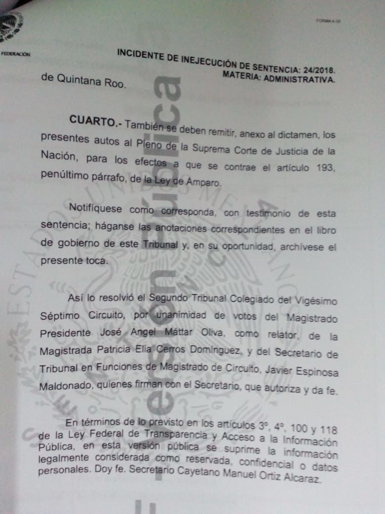 documento del Tribunal Colegiado, y que ya está en vías de cumplimiento la ejecutoria judicial